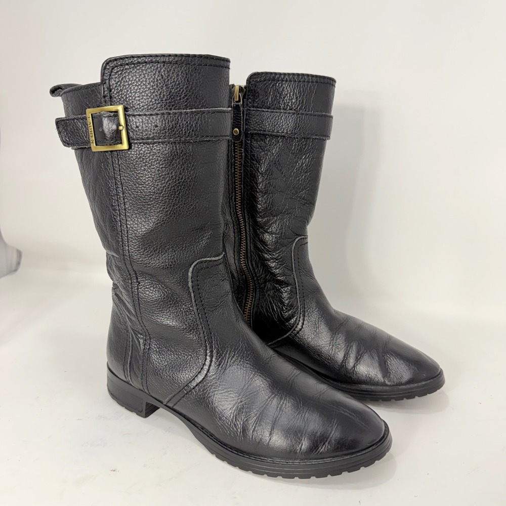 Lauren Ralph Lauren Black Pebbled Leather Moto Mid Calf Boots Gold Buckle 5.5 M
